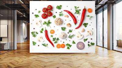 Flat lay composition with green parsley, peppercorns and vegetables on white background Wall mural