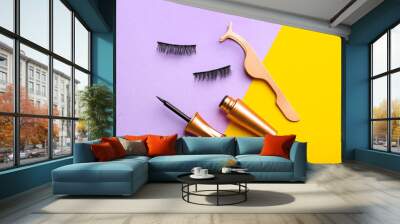 Flat lay composition with magnetic eyelashes and accessories on color background Wall mural