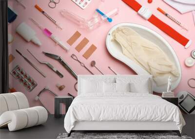 Flat lay composition with medical objects on color background Wall mural