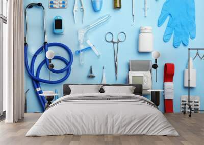 flat lay composition with medical objects on color background Wall mural