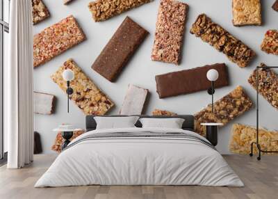 Flat lay composition with protein bars on grey background Wall mural