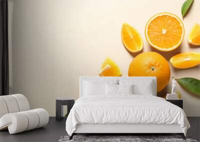 Flat lay composition with ripe oranges and space for text on color background Wall mural