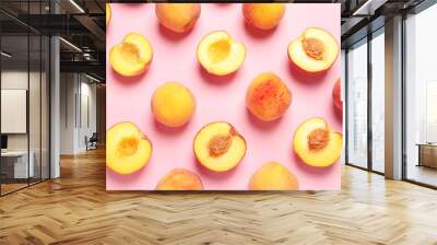 flat lay composition with ripe peaches on color background Wall mural