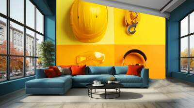 Flat lay composition with safety equipment on color background Wall mural