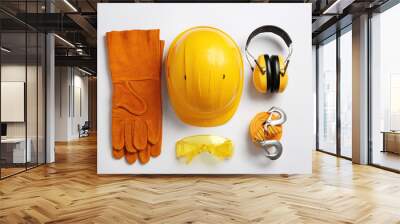 Flat lay composition with safety equipment on white background Wall mural