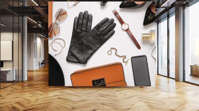 Flat lay composition with stylish black leather gloves, shoes and accessories on white background Wall mural