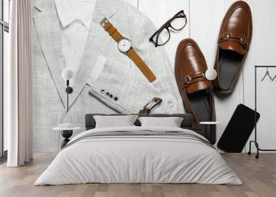 Flat lay composition with stylish clothes and accessories on white wooden background Wall mural