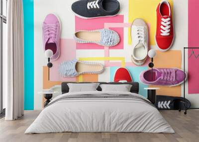 Flat lay composition with stylish new shoes on color background Wall mural