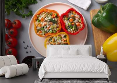 Flat lay composition with tasty stuffed bell peppers on grey table Wall mural