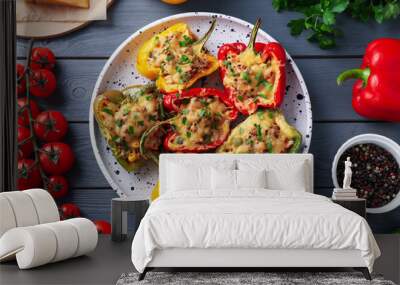 Flat lay composition with tasty stuffed bell peppers on grey wooden table Wall mural