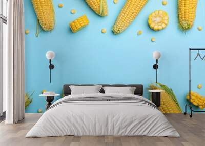 Flat lay composition with tasty sweet corn cobs on color background Wall mural