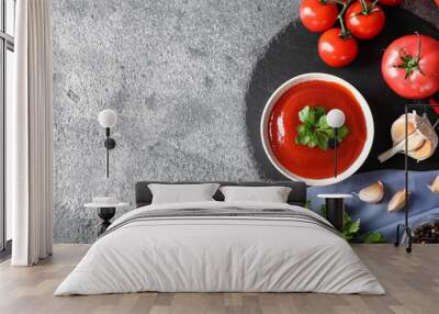 Flat lay composition with tomato sauce on grey table, space for text Wall mural