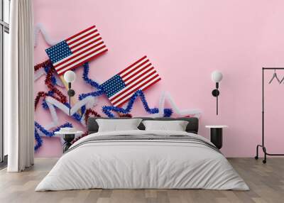 Flat lay composition with USA flags on color background, space for text. Happy Independence Day Wall mural