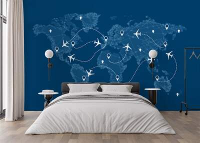 Flight routs map with airplanes on it, illustration Wall mural