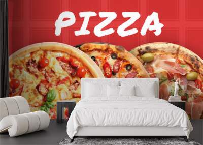 Flyer or banner design with tasty pizzas on red background Wall mural