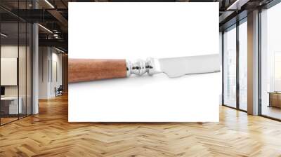 Fork tipped spear cheese knife with wooden handle isolated on white Wall mural