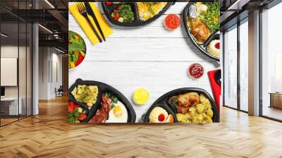 Frame made of lunchboxes on white table, top view with space for text. Healthy food delivery Wall mural