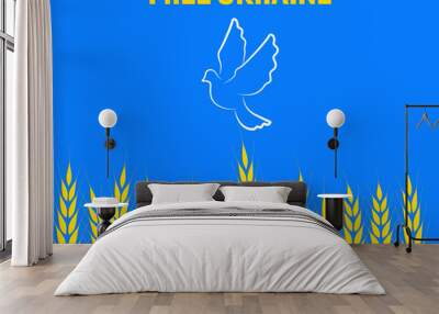 Free Ukraine. Illustrations of white dove over wheat field on light blue background Wall mural