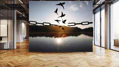 Freedom concept. Silhouettes of broken chain and birds flying outdoors at sunset Wall mural