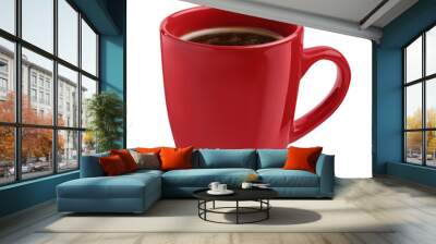 Fresh aromatic coffee in red mug isolated on white Wall mural