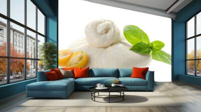 Fresh burrata cheese, cut cherry tomato and basil leaves isolated on white Wall mural