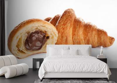 Fresh croissants with chocolate stuffing on white background. French pastry Wall mural