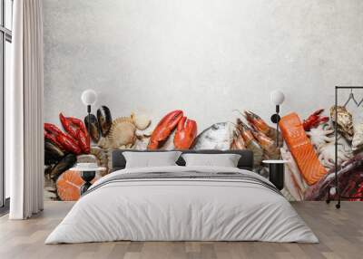 Fresh fish and seafood on marble table, flat lay. Space for text Wall mural