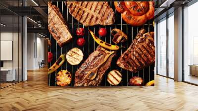 Fresh grilled meat steaks and vegetables on barbecue grate, top view Wall mural