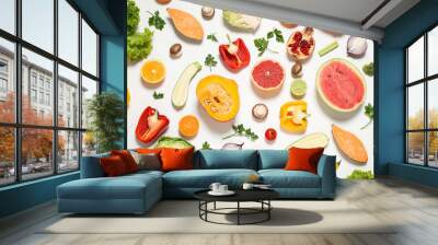 Fresh organic fruits and vegetables on white background, flat lay Wall mural