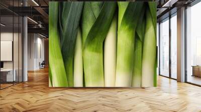 Fresh raw leeks as background, top view Wall mural