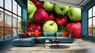 fresh ripe green and red apples with water drops as background, top view Wall mural