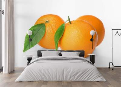 Fresh ripe oranges with green leaves on white background Wall mural