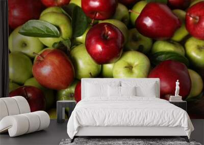 Fresh ripe red and green apples as background, top view Wall mural