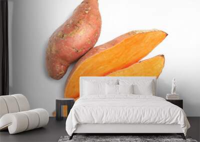 Fresh ripe sweet potatoes on white background, top view Wall mural