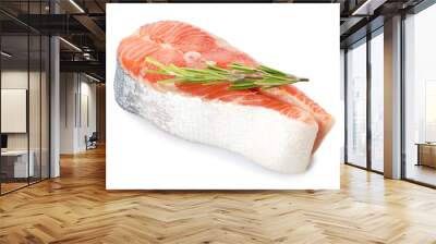 Fresh salmon steak and rosemary isolated on white Wall mural