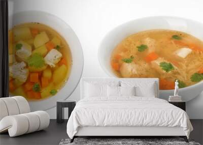 Fresh vegetable detox soup with croutons in dish on white background Wall mural