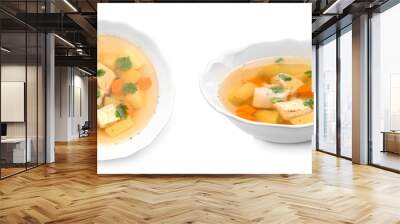 Fresh vegetable detox soup with croutons in dish on white background Wall mural