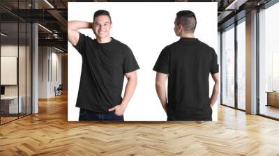 Front and back views of young man in black t-shirt on white background. Mockup for design Wall mural