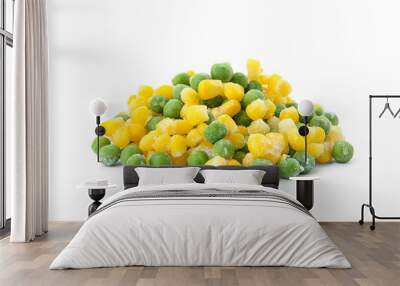 Frozen corn and peas on white background. Vegetable preservation Wall mural