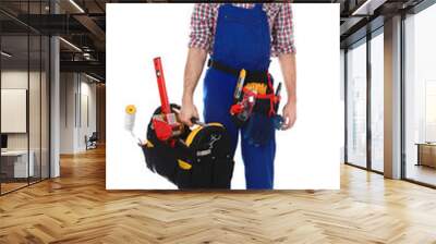 Full length portrait of construction worker with tools on white background Wall mural