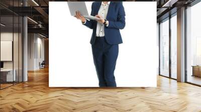 Full length portrait of young businesswoman with laptop isolated on white Wall mural