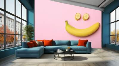 Funny flat lay composition with bananas on color background. Space for text Wall mural