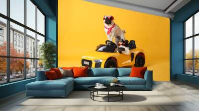 Funny pug dog and cat with sunglasses in toy car on yellow background Wall mural