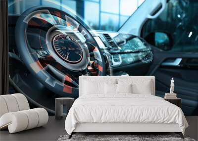 Futuristic technology. Car interior with graphical user interface Wall mural