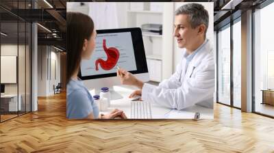 Gastroenterologist showing screen with illustration of human stomach model to patient at table in clinic Wall mural