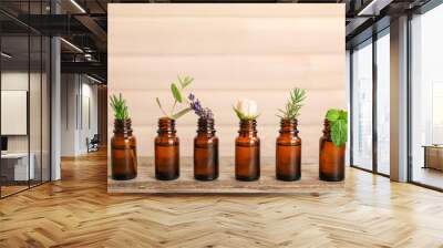 Glass bottles with different essential oils and herbs on wooden background Wall mural