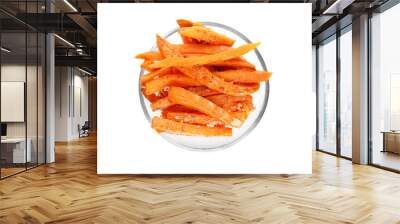 Glass bowl with tasty sweet potato fries on white background, top view Wall mural