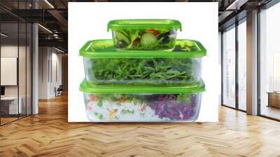 Glass containers with fresh food on white background Wall mural