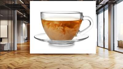 Glass cup with black tea and milk on white background Wall mural