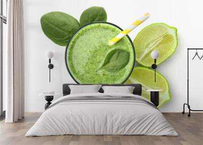 Glass with delicious detox smoothie on white background, top view Wall mural